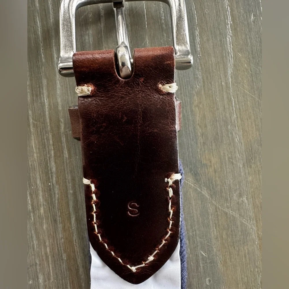 Navy Braided Belt with Dark Brown Leather Accents and Silver Buckle, Size Small